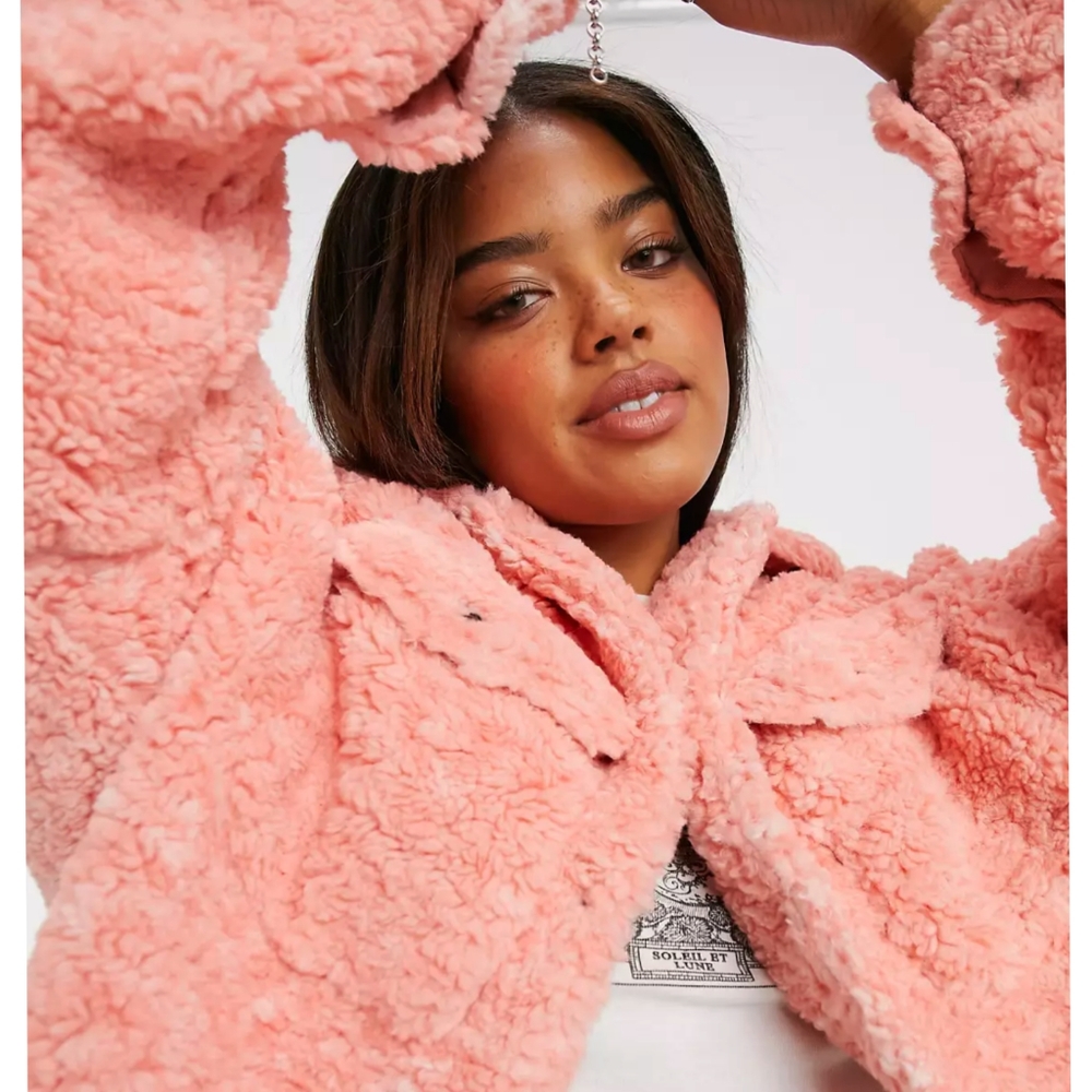 Free People Teddy Faux Fur Swing Cozy Jacket Melon Pink Coral sz XS - Picture 5 of 11